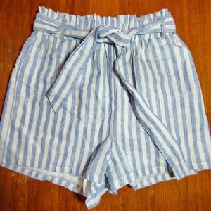 Striped Paperbag Waist Shorts Blue White Cotton M beach nautical  resort